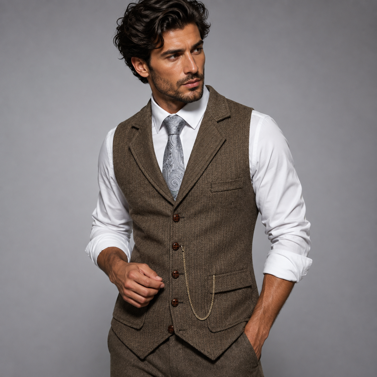 The Braga Men’s Tweed Pocket Suit Vest with Chain