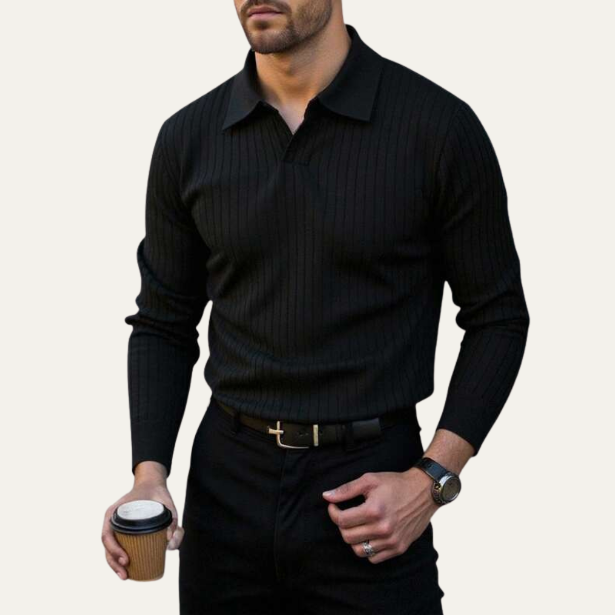 The Ironcrest Hill Men’s Casual Long Sleeve Ribbed Knit Polo Shirt