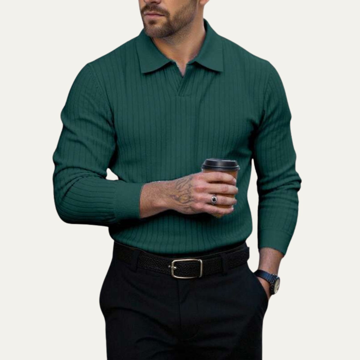 The Oakpark Men’s Trendy Long Sleeve Ribbed Knit Polo Shirt