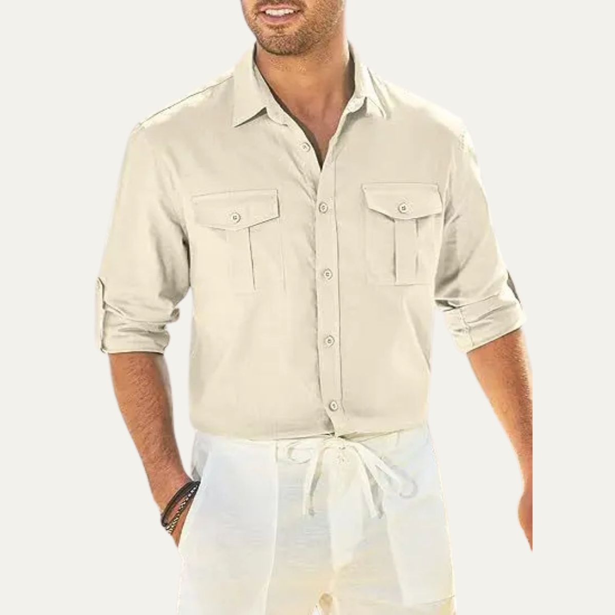 The Riccione Men’s Cotton Linen Double Pocket Button Up Cargo Shirt