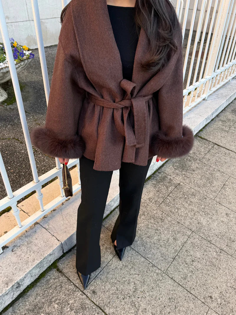 Women's Fur Cuff Wrap Coat – Elegant Belted Poncho Winter Jacket