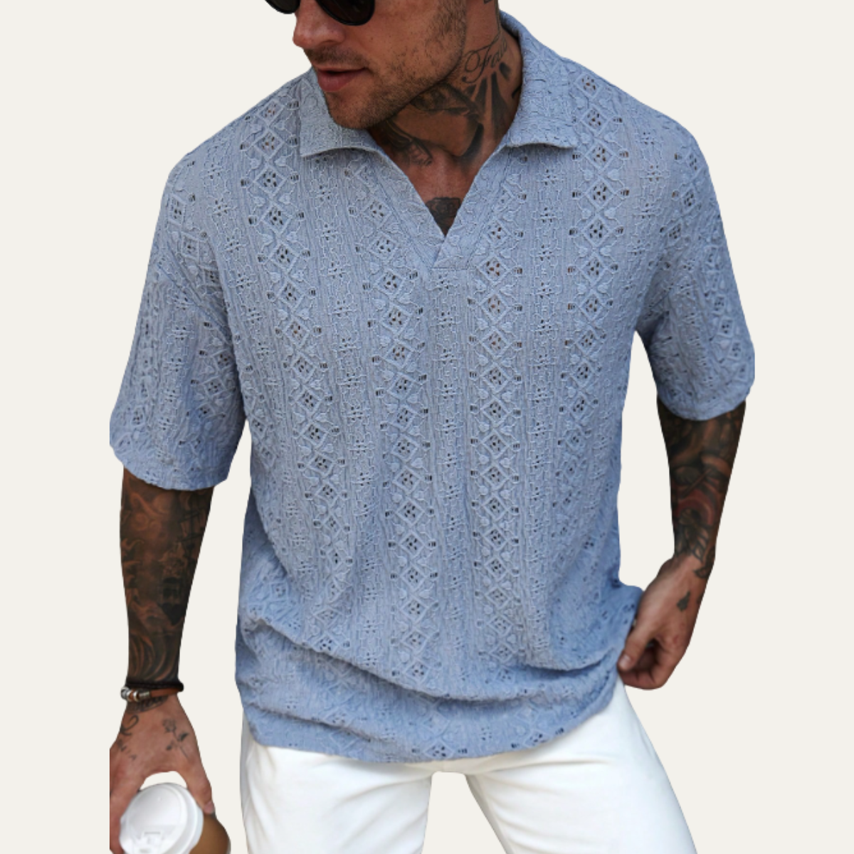 The Brookstone Men’s Crochet Knit Short Sleeve Polo Shirt – Light Blue