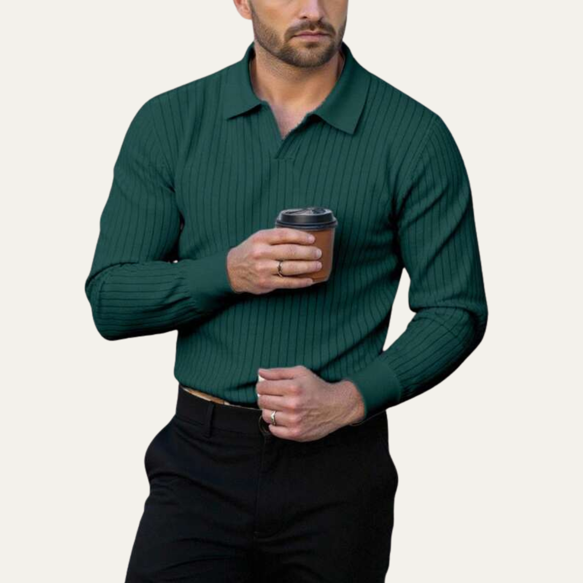 The Oakpark Men’s Trendy Long Sleeve Ribbed Knit Polo Shirt