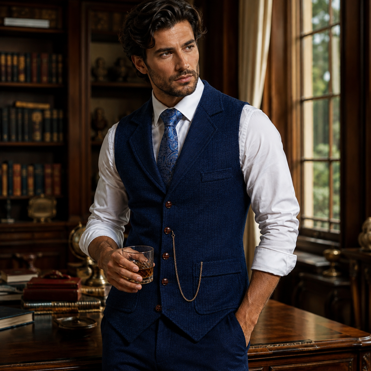The Braga Men’s Tweed Pocket Suit Vest with Chain