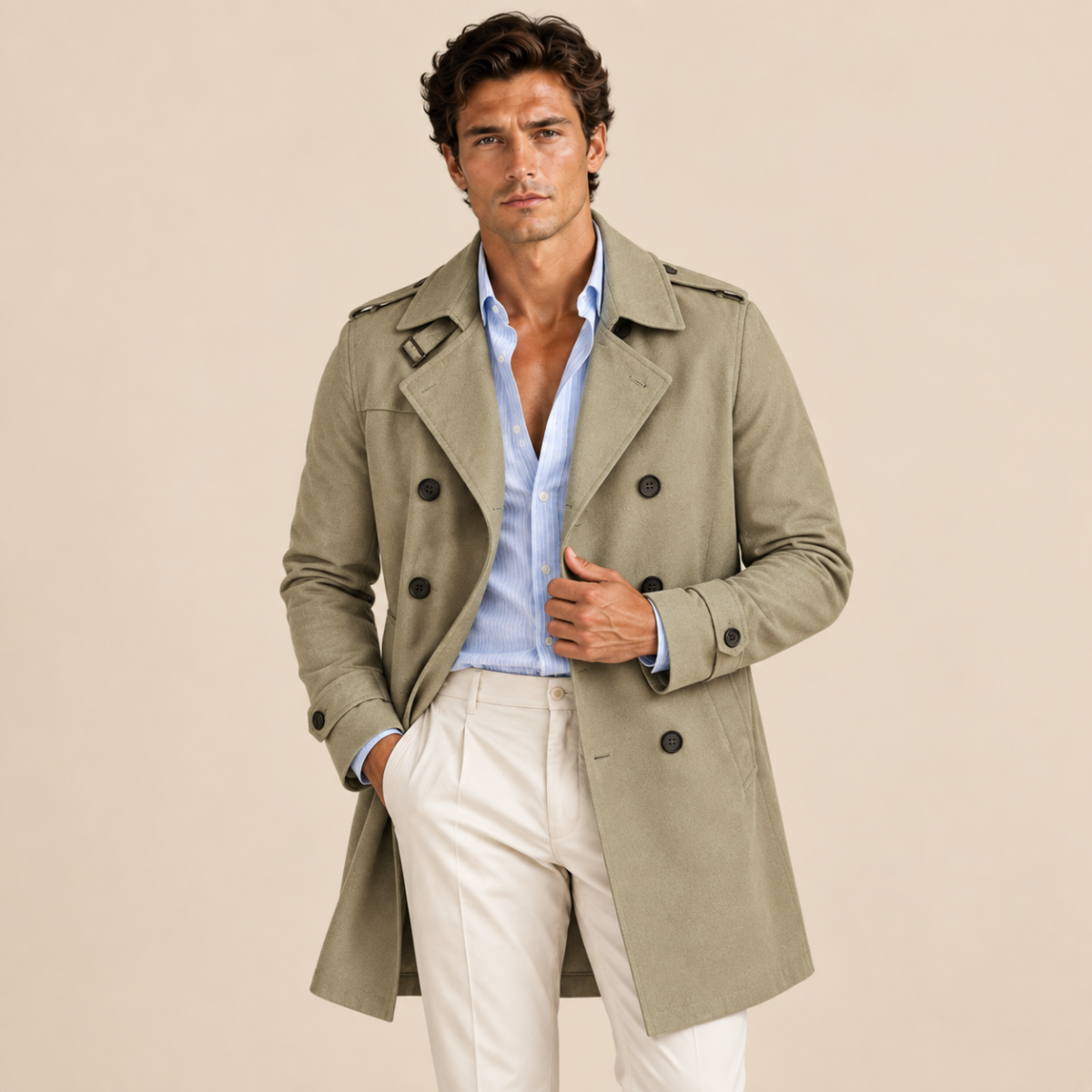 Men's Trench Coat Beige Single Breasted Notched Collar