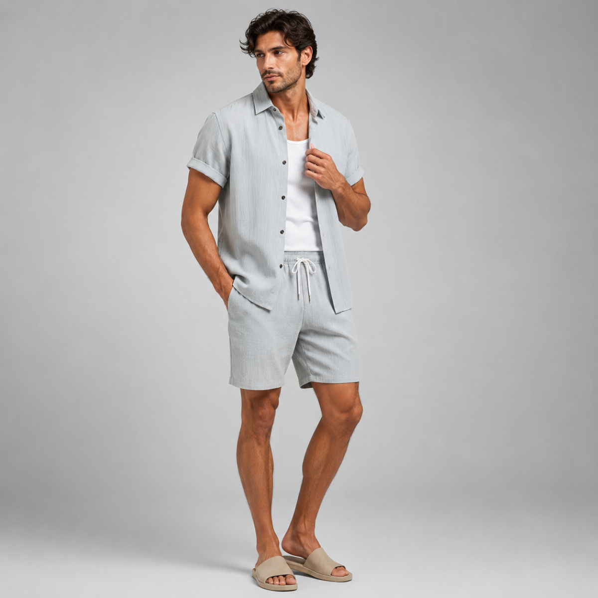 The Hillcrest Park Men’s Casual Co-Ord Set – Button-Up Shirt & Drawstring Shorts