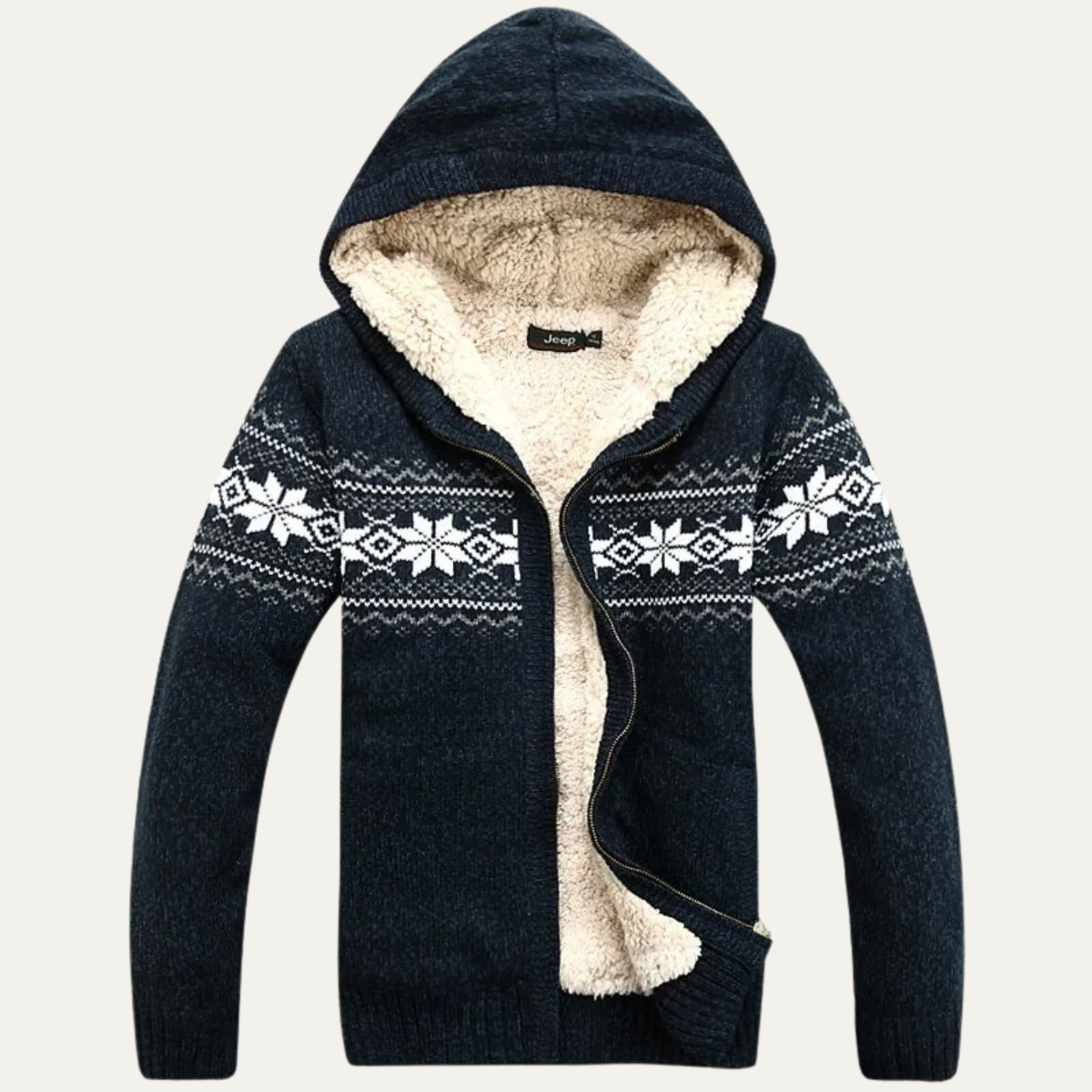 Men's Sherpa Lined Cardigan Cream Nordic Pattern Zip Up