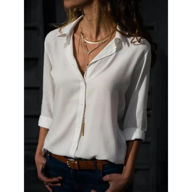 Women's Long Sleeve Button Up Blouse with Relaxed Fit