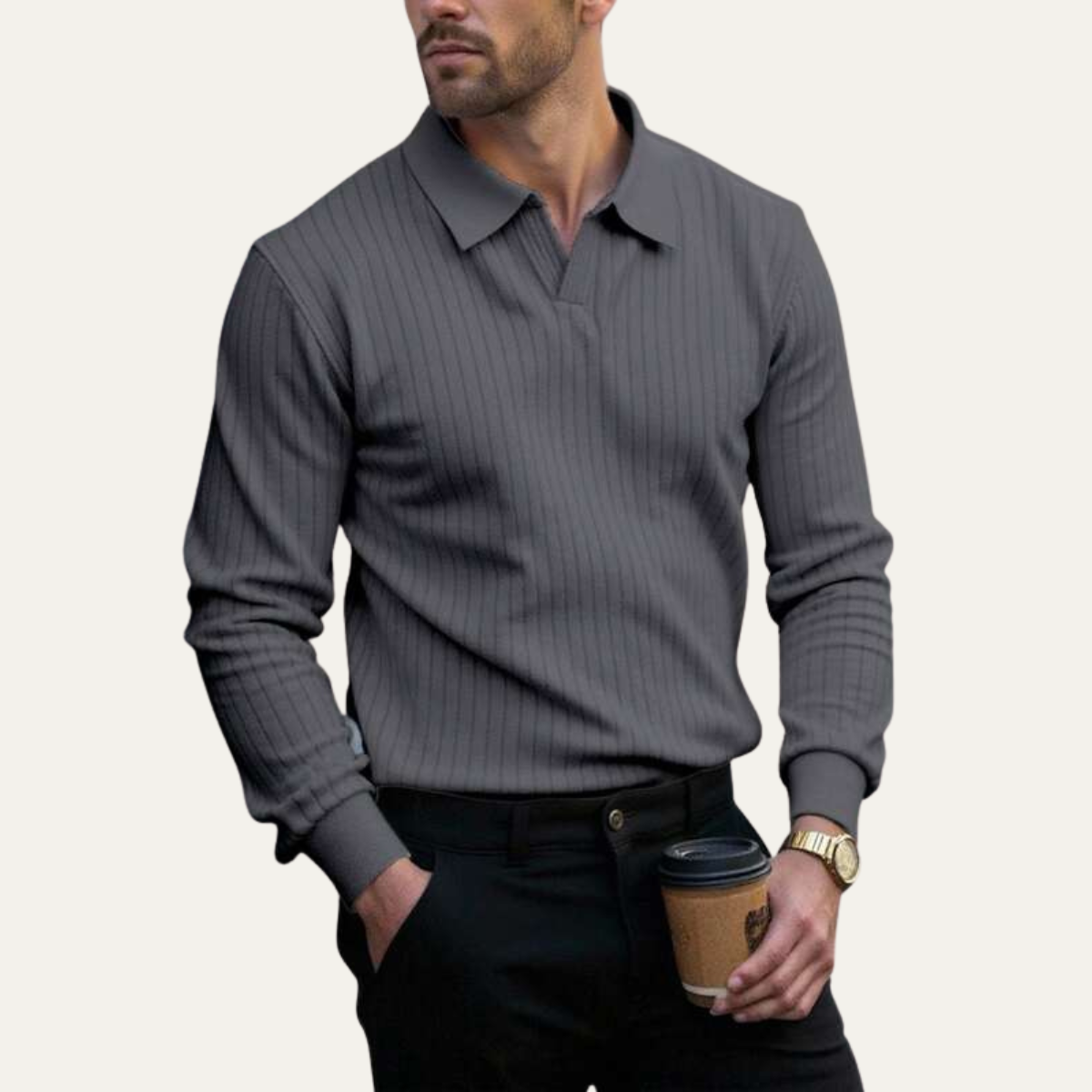 The Ironcrest Hill Men’s Casual Long Sleeve Ribbed Knit Polo Shirt