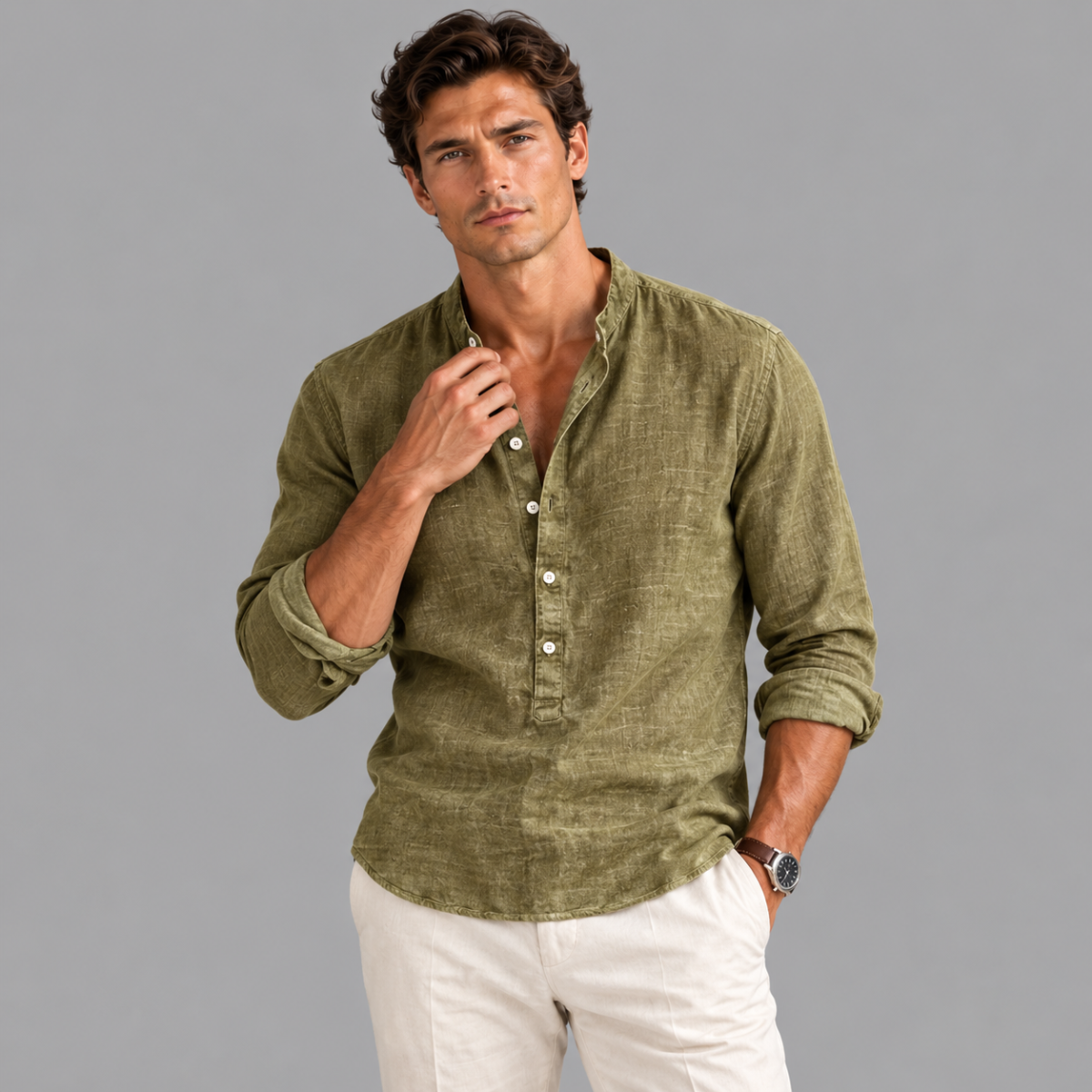 The Brooklyn Men's Vintage Collar Linen Henley Shirt