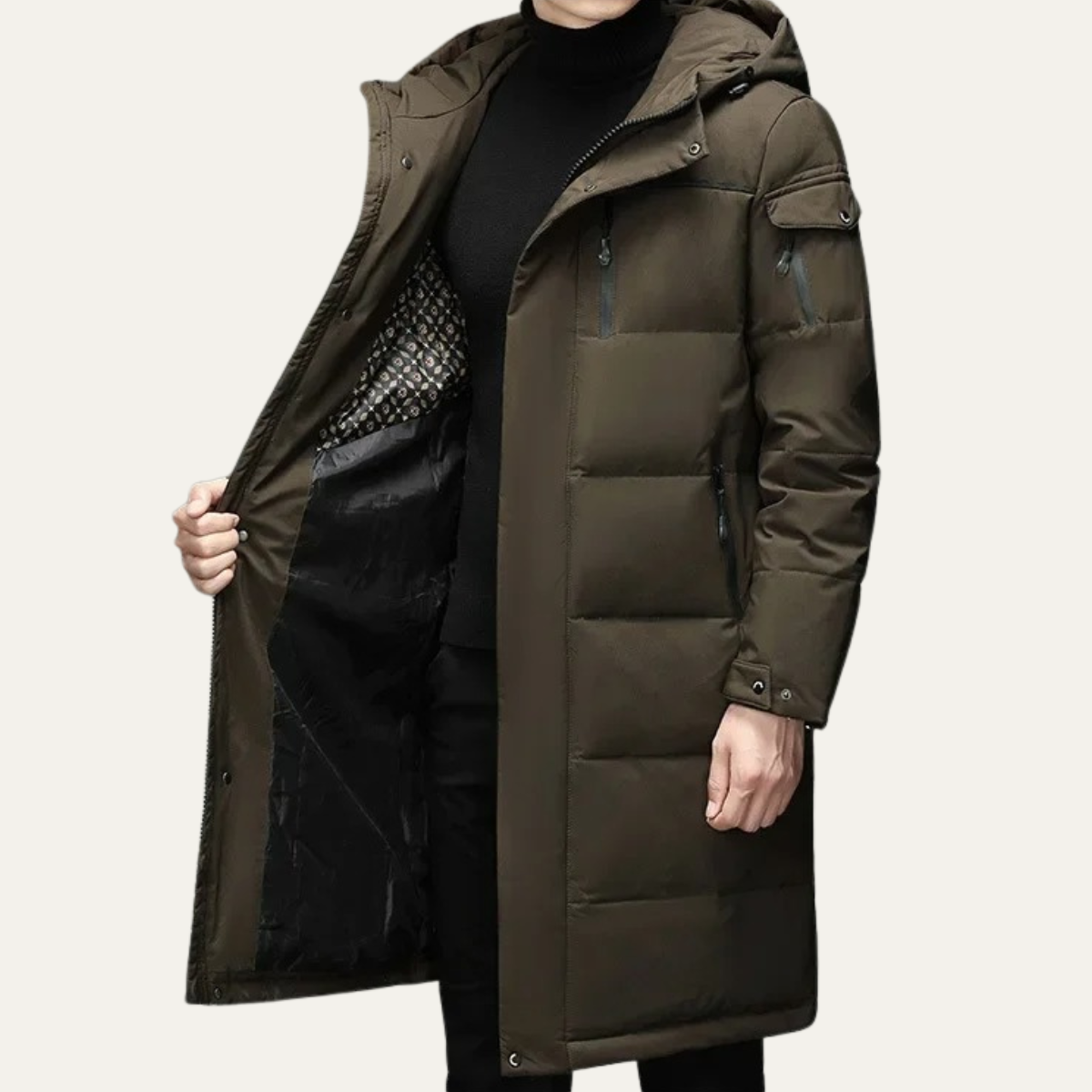 The Woking Men’s Thermal Longline Black Puffer Coat with Hood