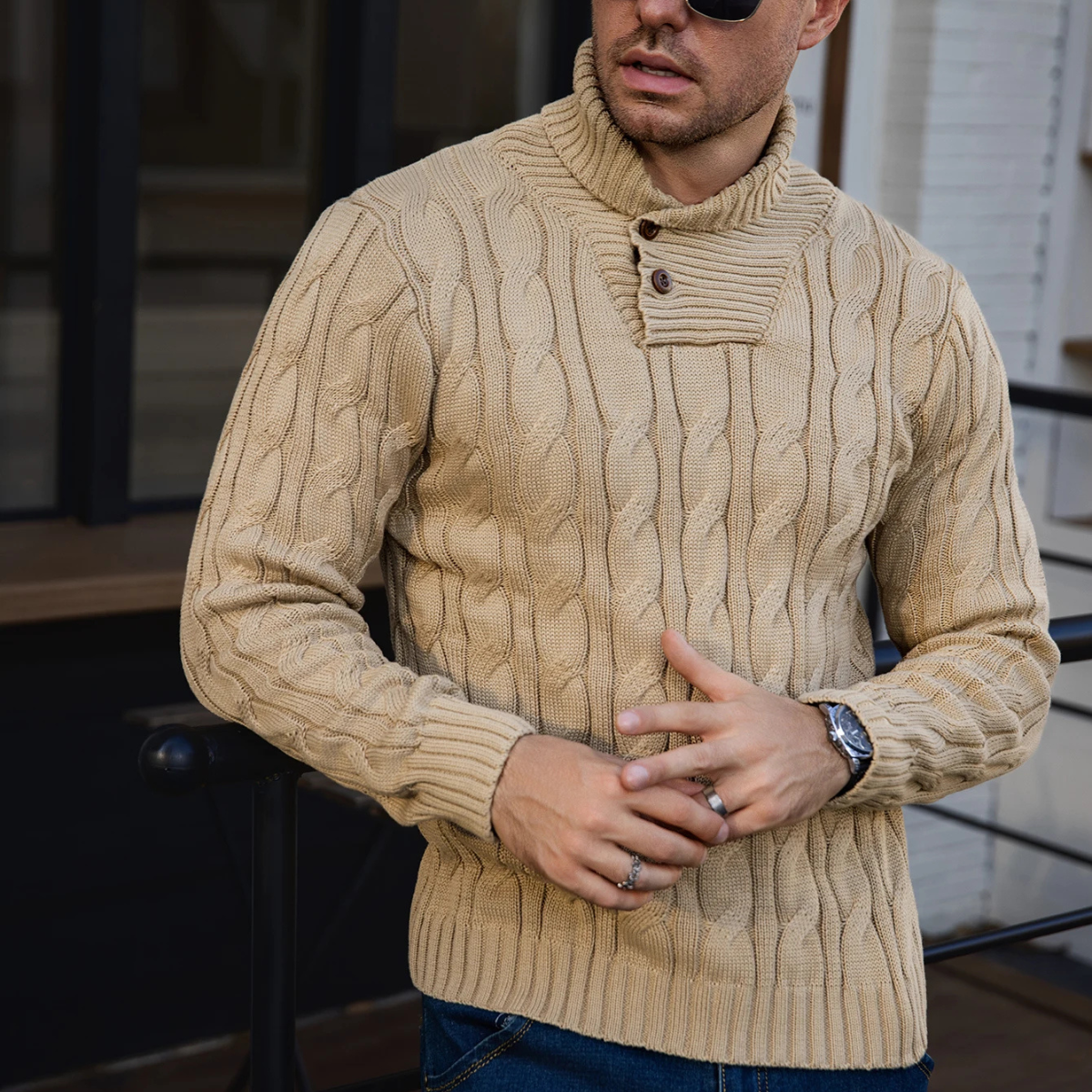 The Bevagna Men’s Cable Knit Shawl Collar Button Neck Sweater