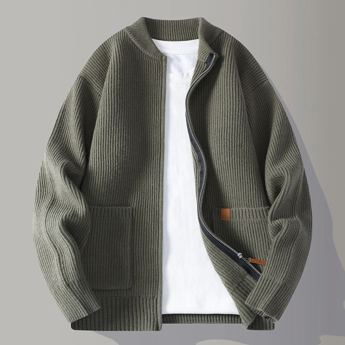 The Montbrook Men’s Stand Collar Casual Rib Knit Zip Cardigan
