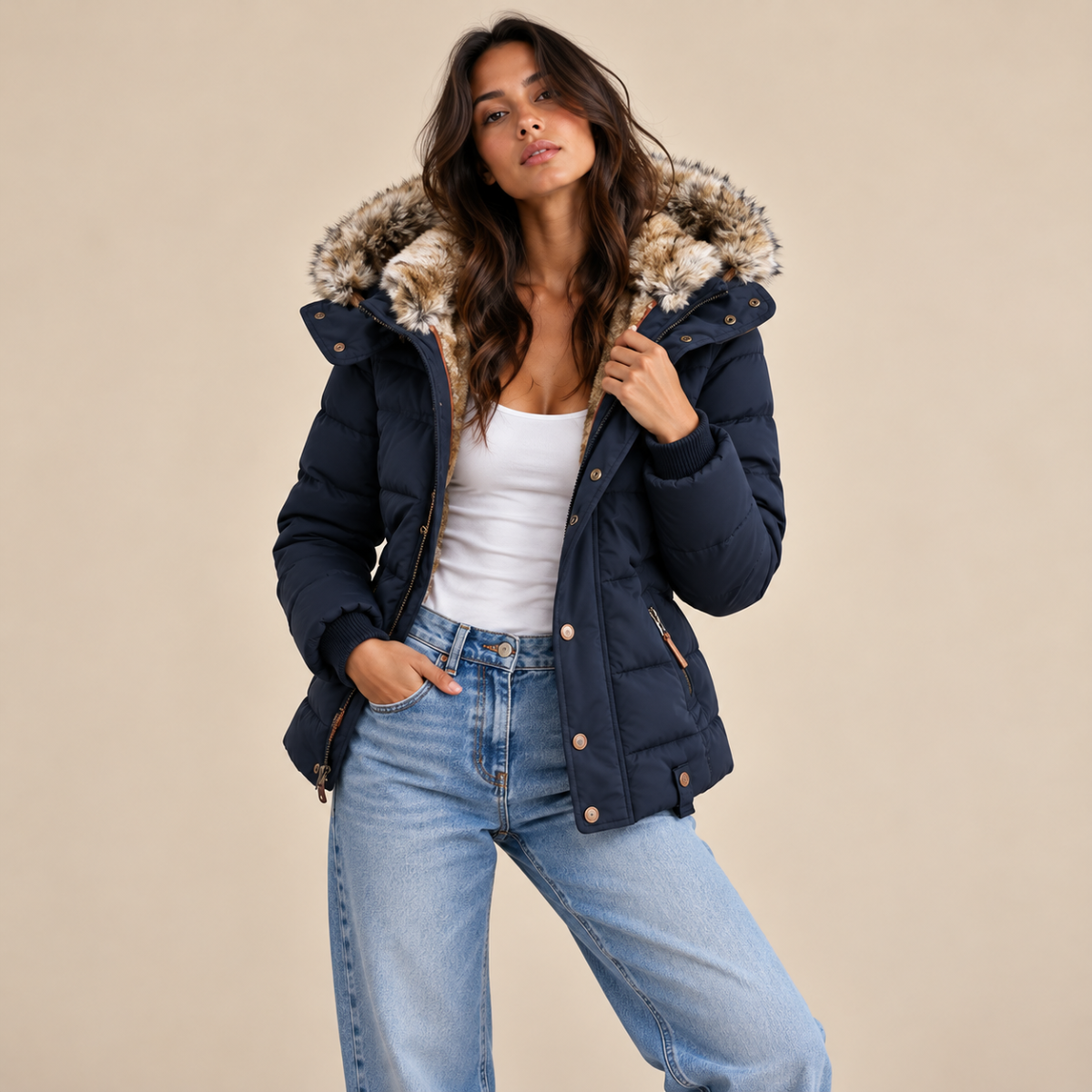 Women's Faux Fur Hooded Winter Jacket – Warm Quilted Puffer Coat