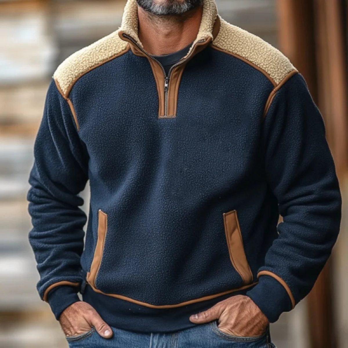 The Willowfall Men's Warm Colour Block Sherpa Fleece Half Zip Sweater