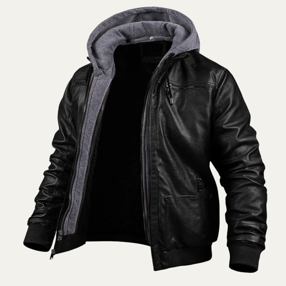Men's Leather Jacket Black Hooded Bomber