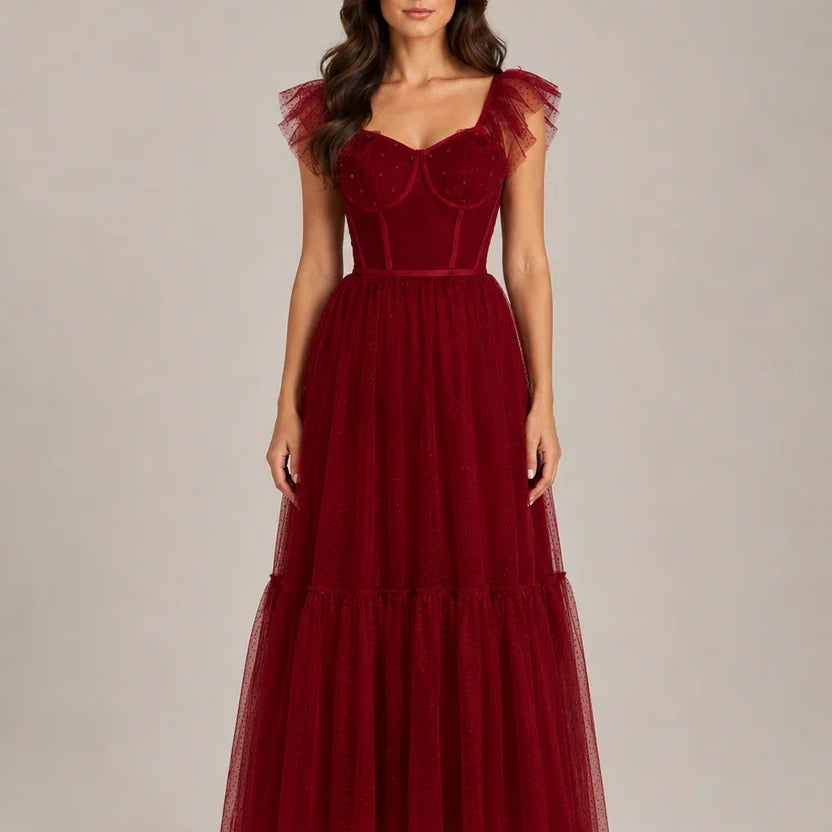 Women's Corset Maxi Party Dress with Tulle Ruffle Sleeves