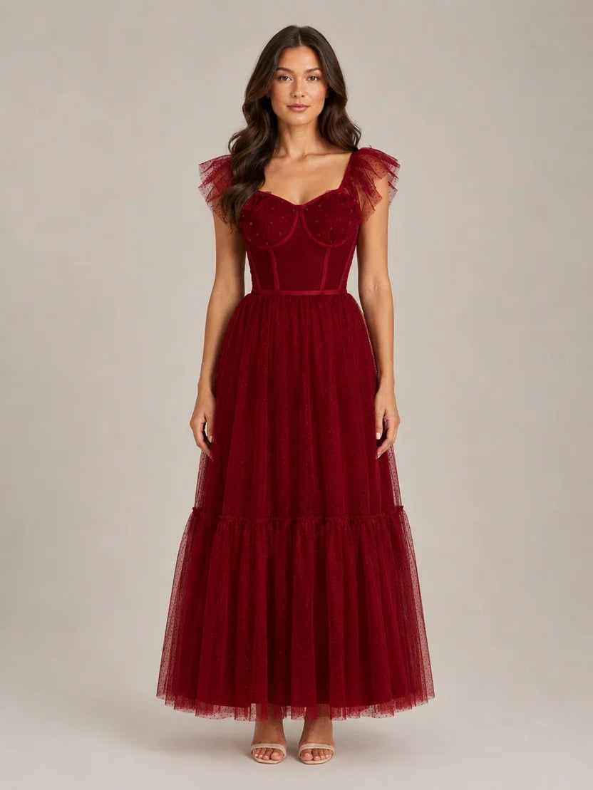 Women's Corset Maxi Party Dress with Tulle Ruffle Sleeves