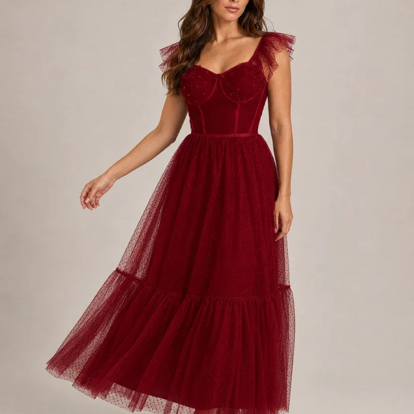 Women's Corset Maxi Party Dress with Tulle Ruffle Sleeves