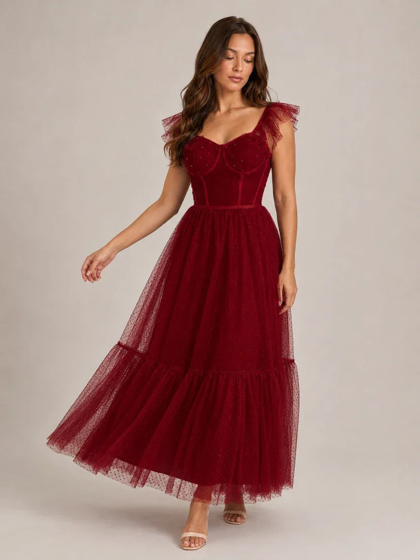 Women's Corset Maxi Party Dress with Tulle Ruffle Sleeves