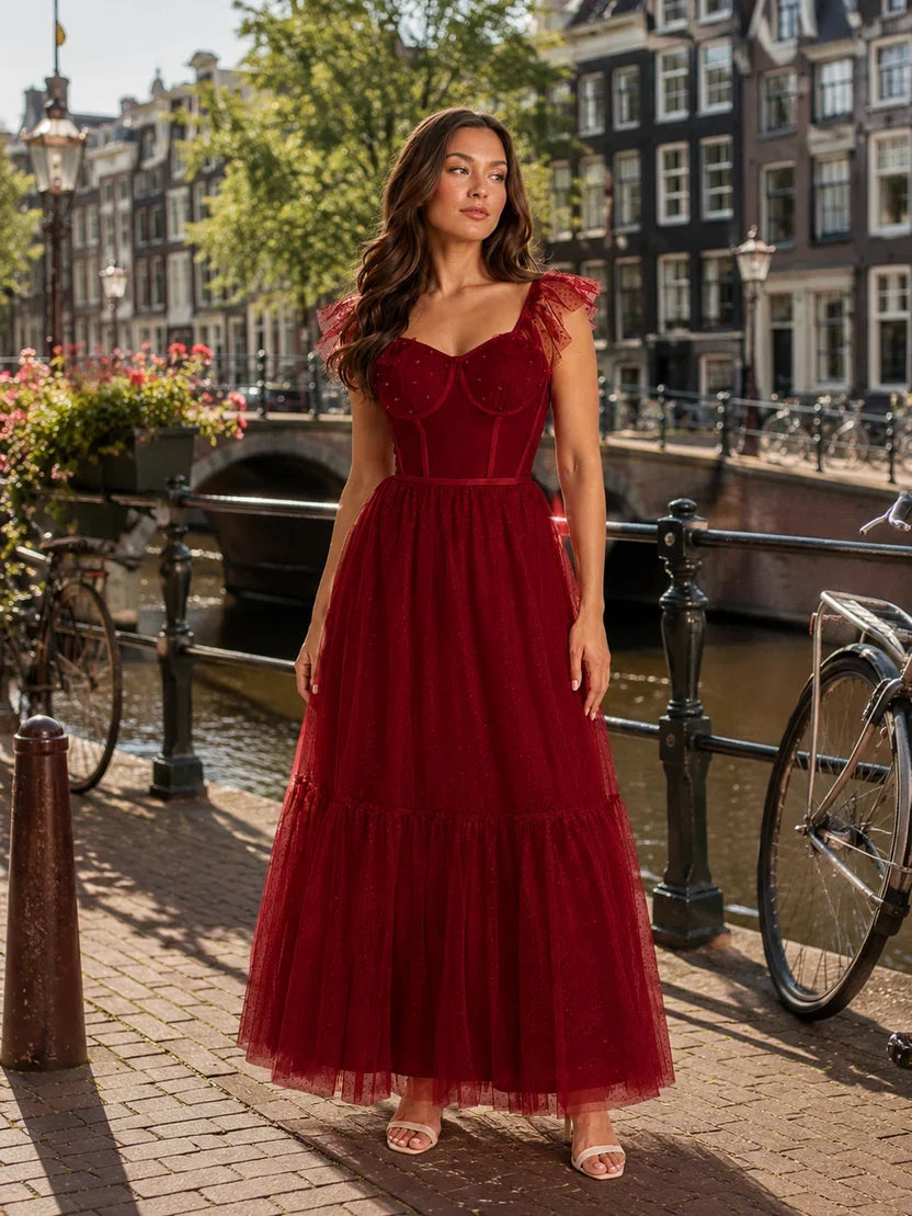 Women's Corset Maxi Party Dress with Tulle Ruffle Sleeves