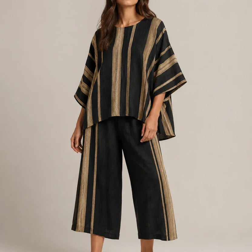 Women's Striped Asymmetrical Top and Wide Leg Culottes Set