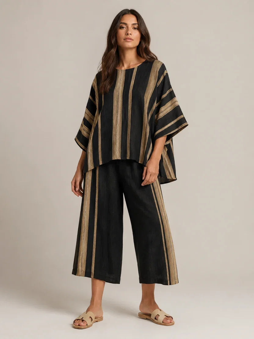 Women's Striped Asymmetrical Top and Wide Leg Culottes Set