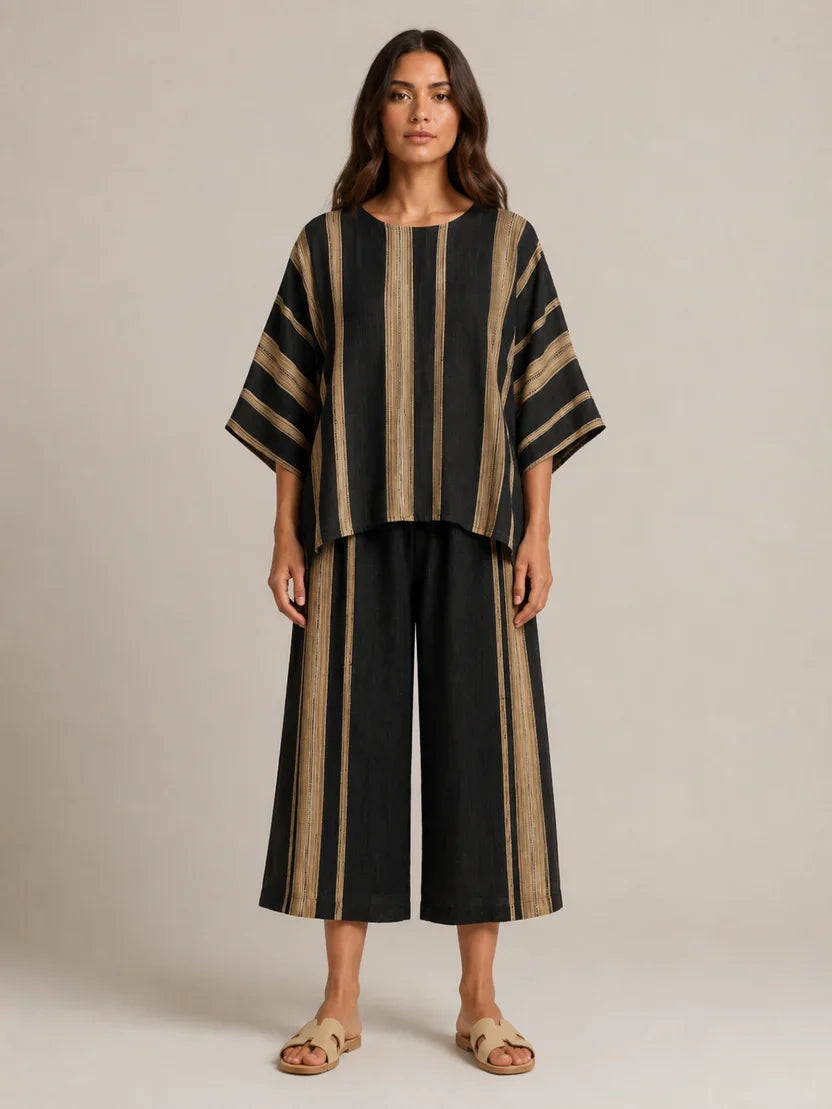Women's Striped Asymmetrical Top and Wide Leg Culottes Set