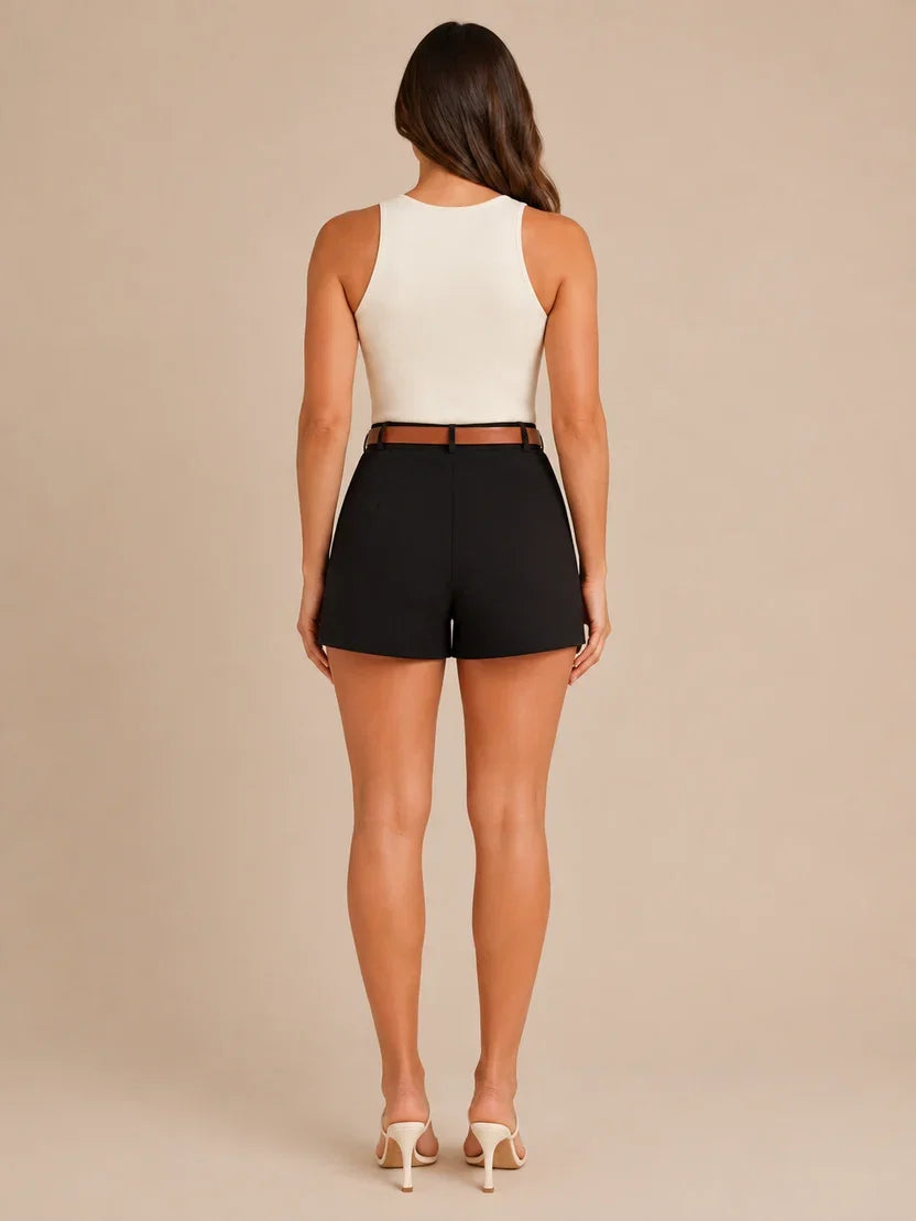 Women's Black A Line Skort with Belted High Waist