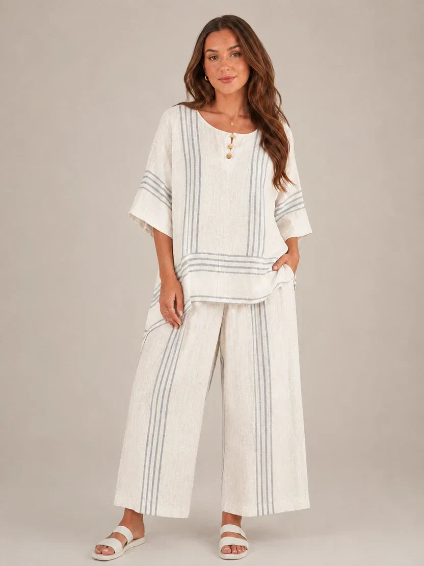 Women's Striped Asymmetrical Top and Wide Leg Culottes Set