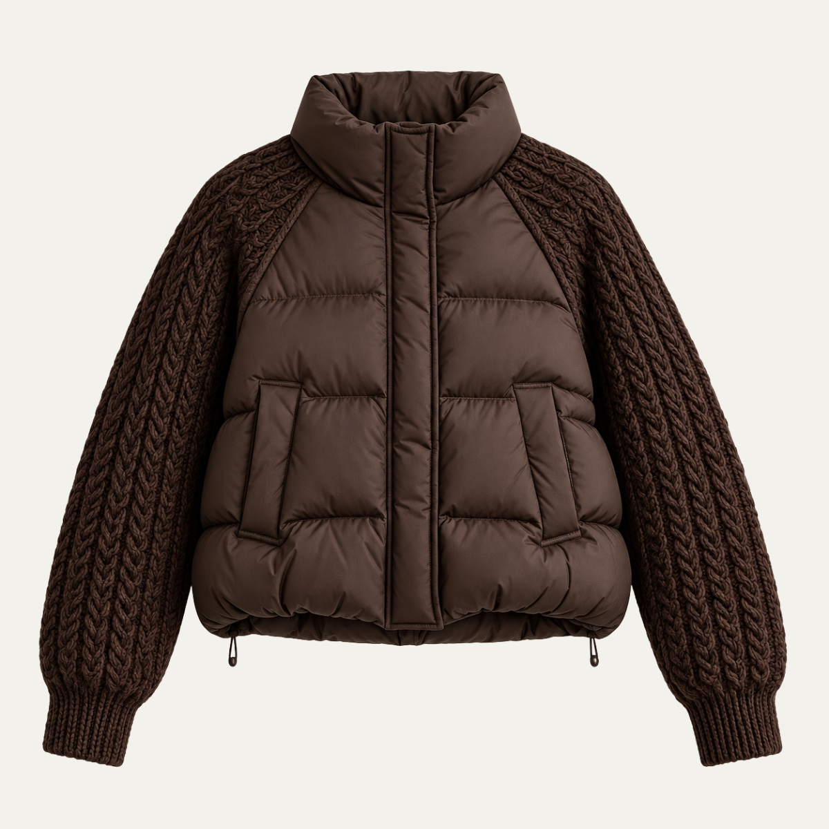 Women's Puffer Jacket with Cable Knit Sleeves