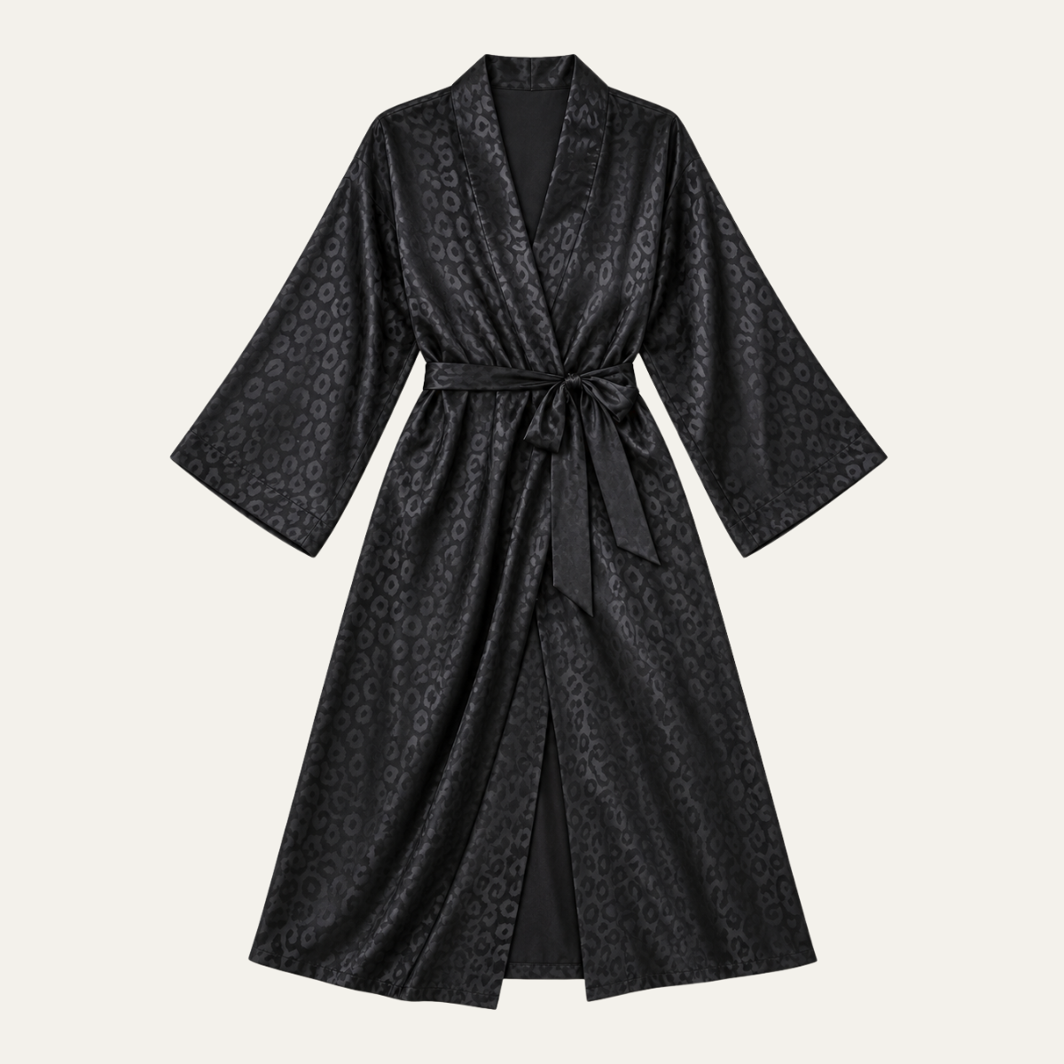 Women's Black Leopard Print Satin Bathrobe Belt