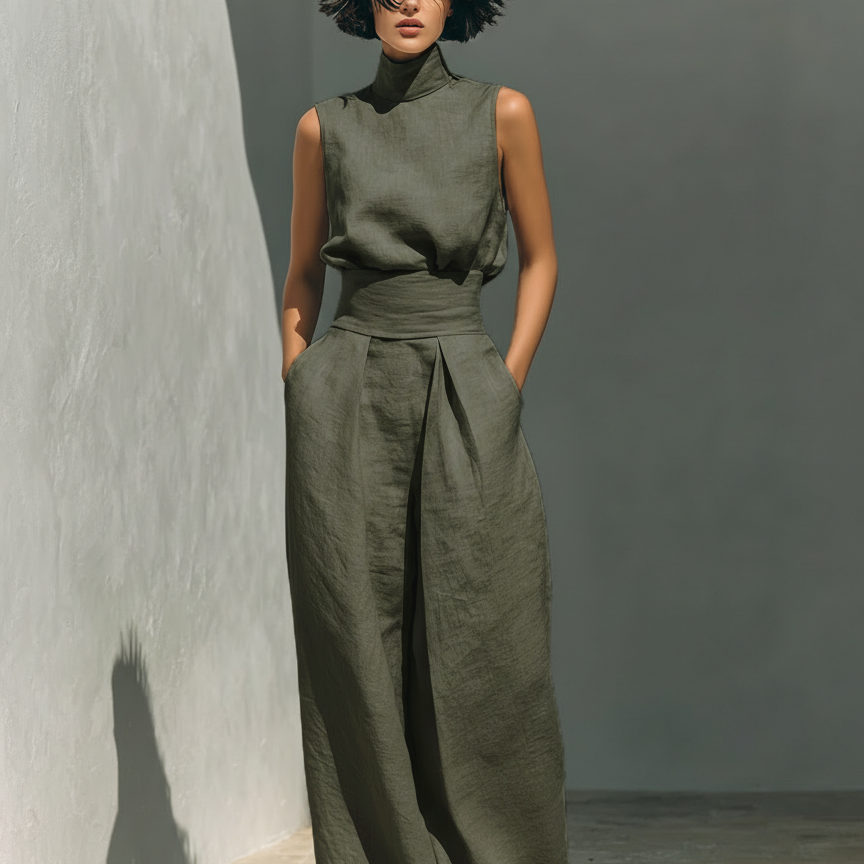 Women's Chic Sleeveless Blouse and Wide Leg Trousers Set