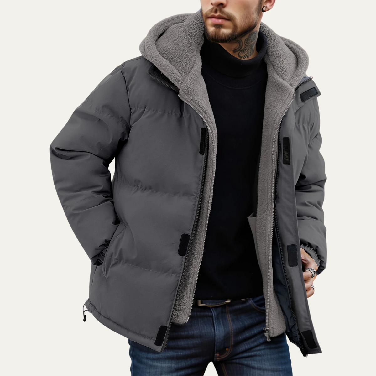 The Hamilton Men’s Hooded Zip Up Puffer Jacket with Teddy Lining Dark Grey