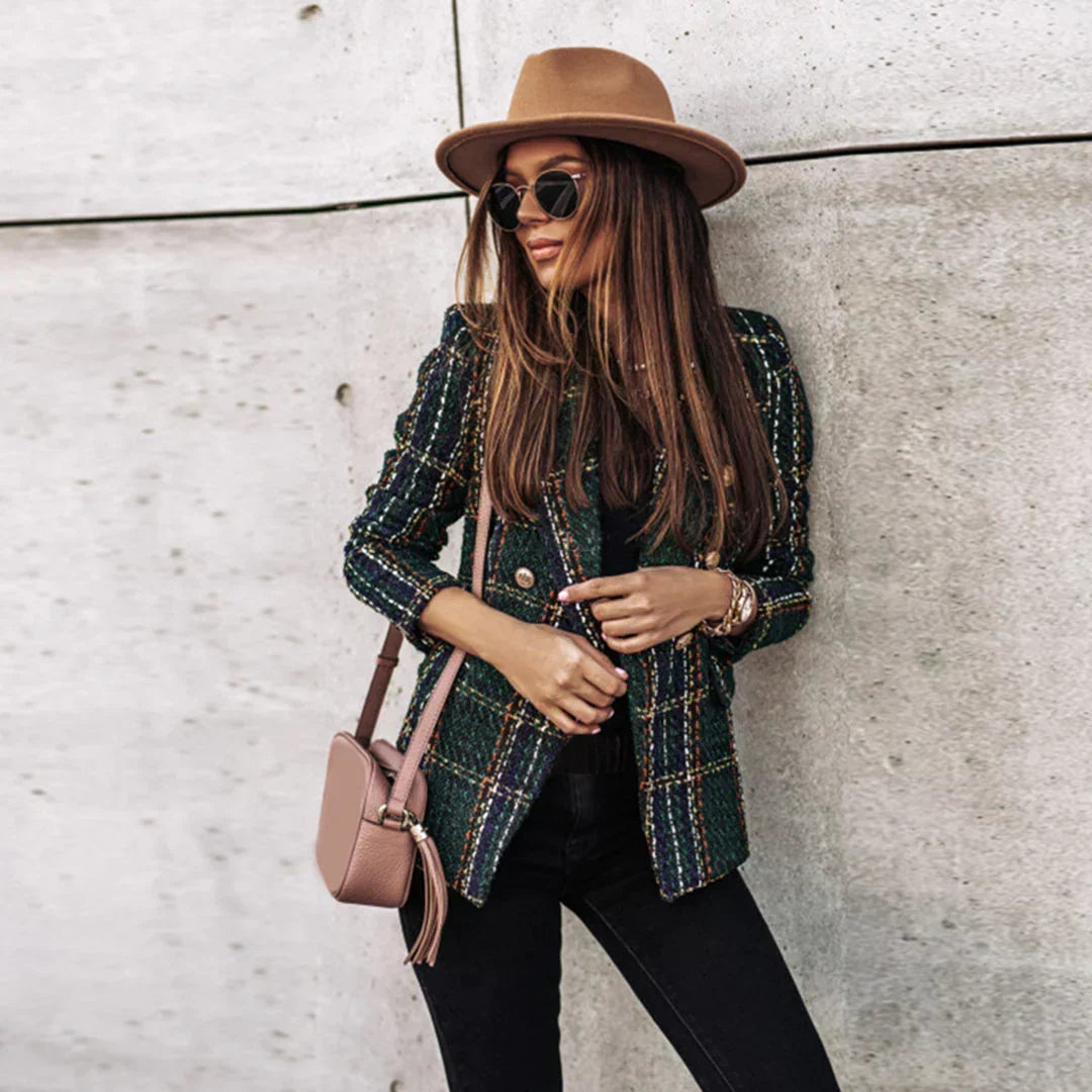 Women's Checked Tweed Jacket with Gold Trim