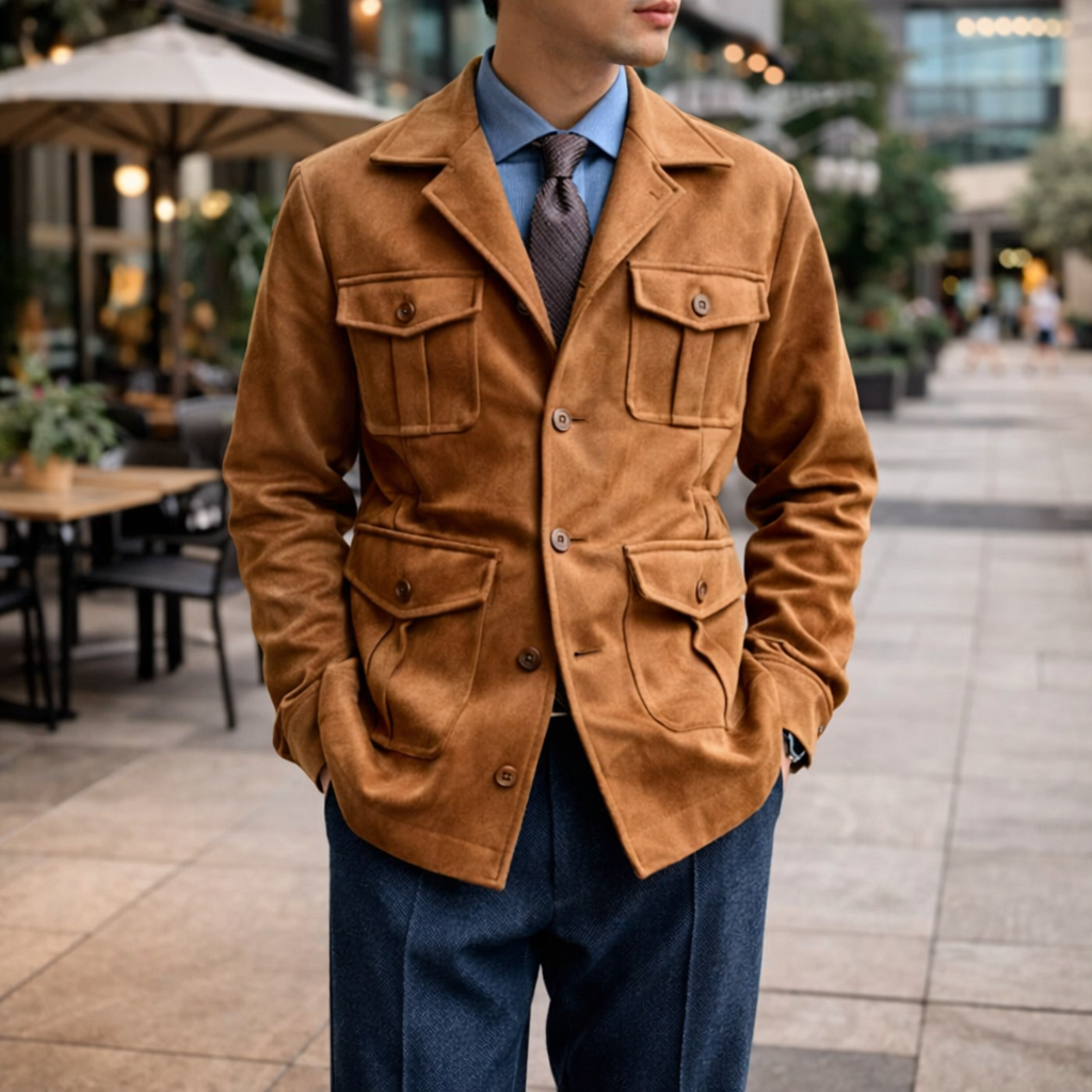Men's Utility Suede Jacket Camel Multi Pocket