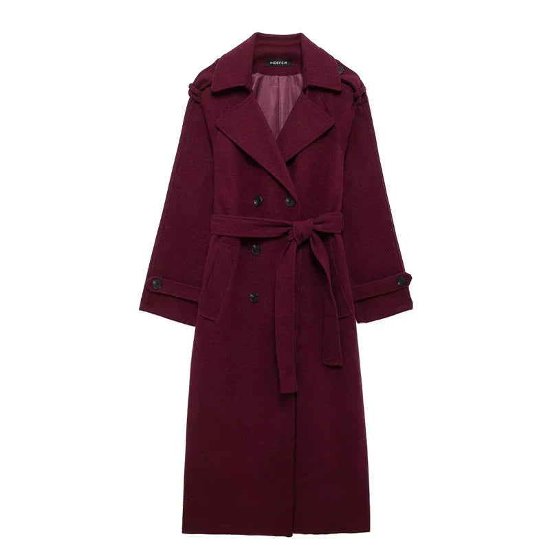 Women's Burgundy Long Wool Blend Trench Coat – Belted Double Breasted Winter Overcoat