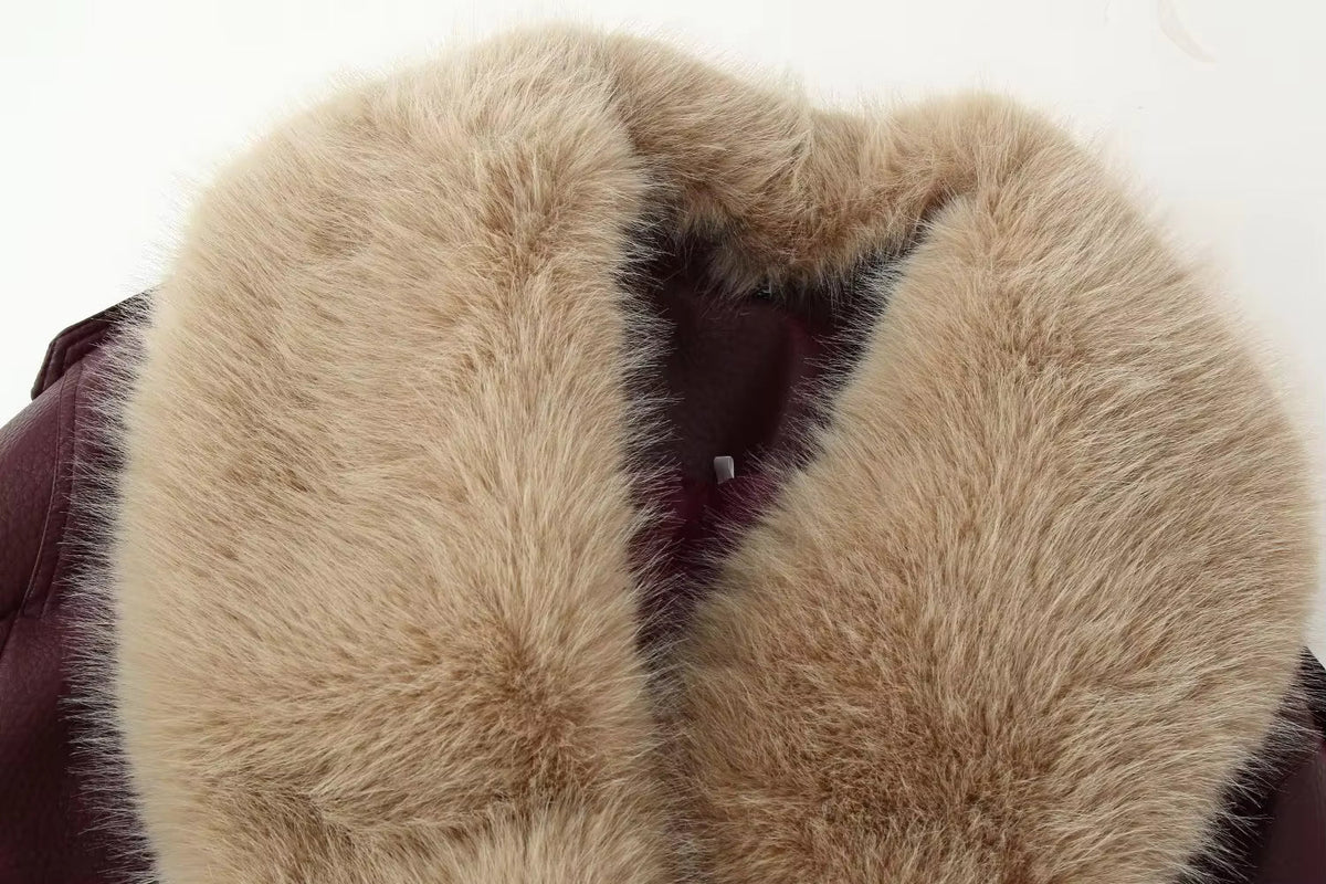 Women's Oversized Fur Collar Jacket — Wine Red