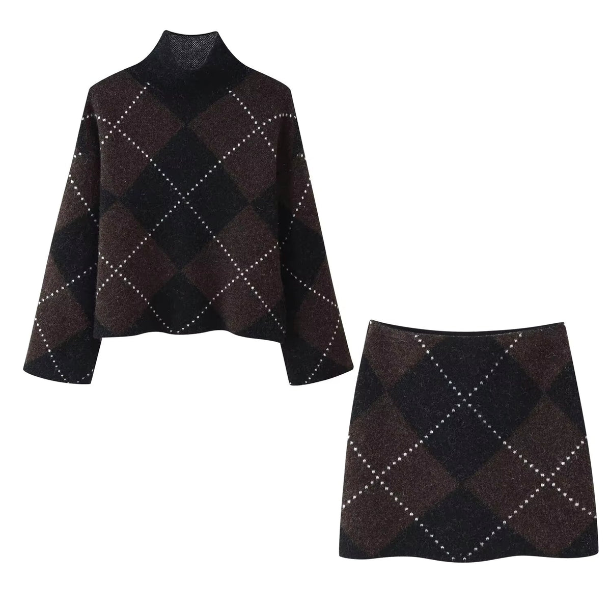 Women's Diamond Pattern Knit Sweater and Skirt Set