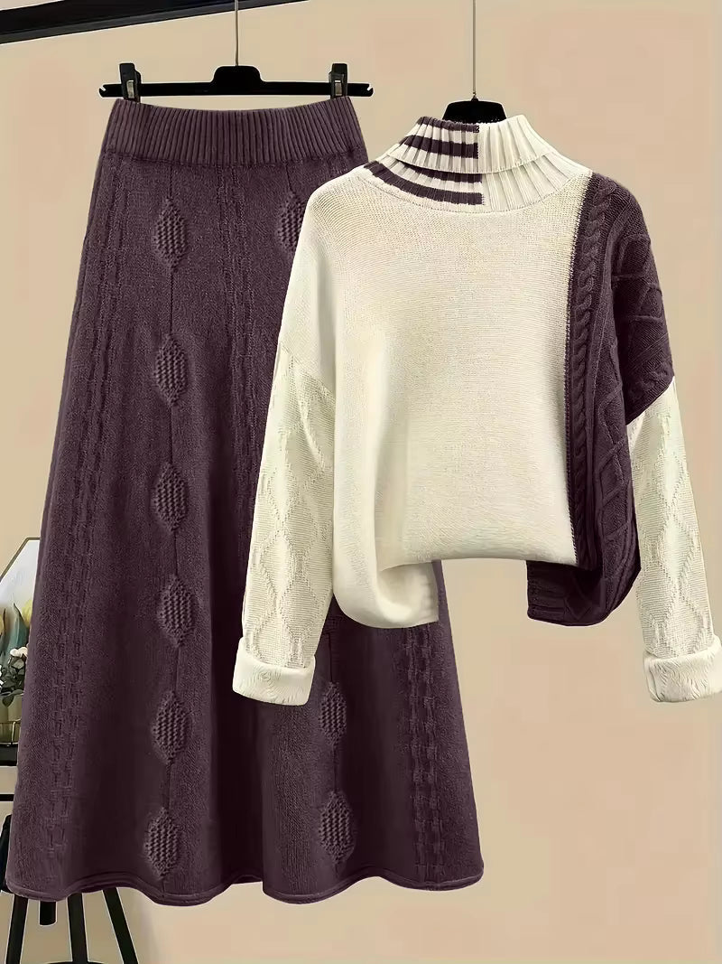Women's Color Block Turtleneck Sweater & A Line Midi Skirt Set