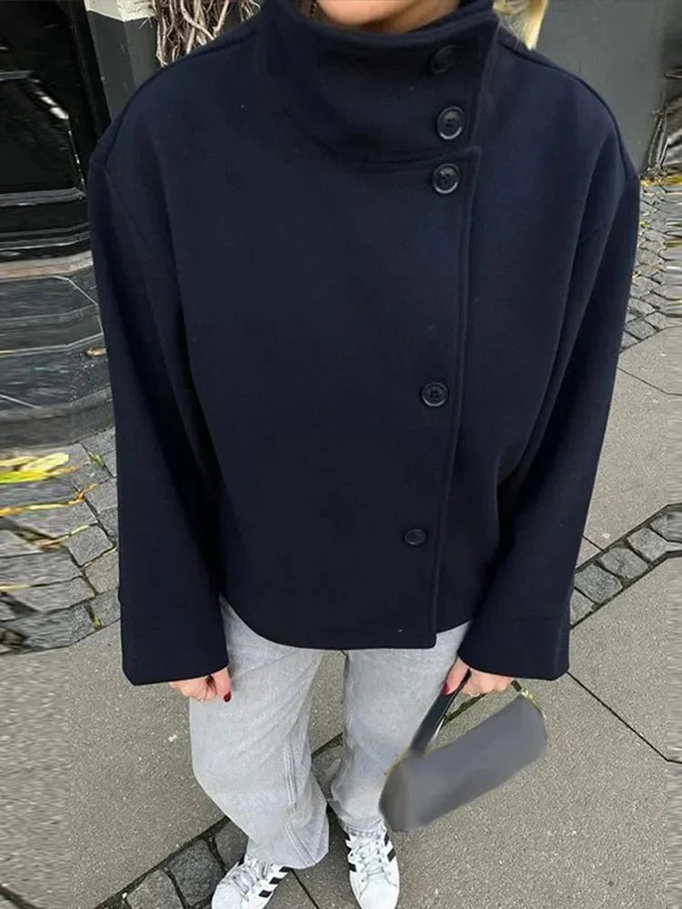 Women's Oversized Wool Blend Jacket – Casual Short Winter Coat
