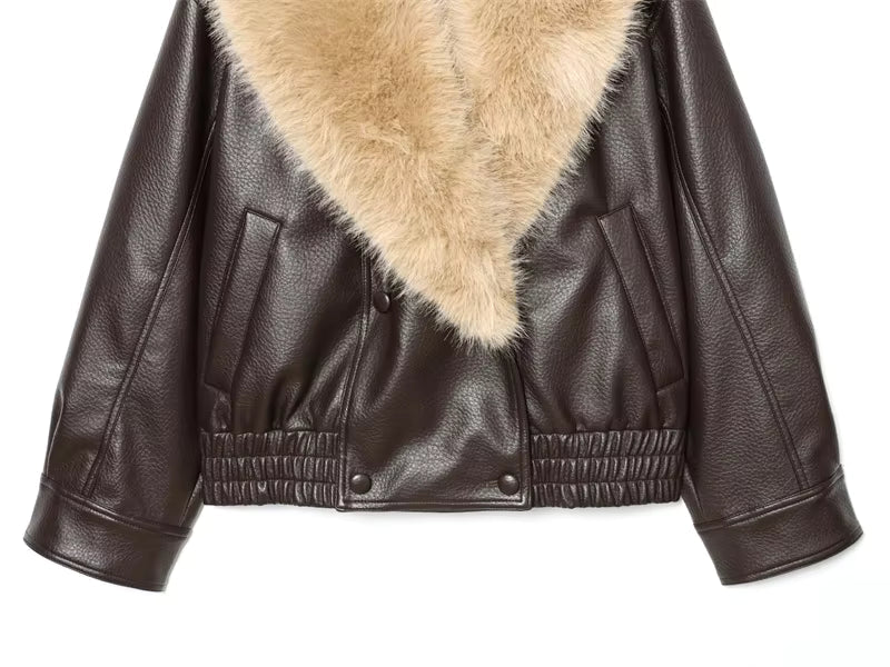 Women's Oversized Fur Collar Jacket — Brown