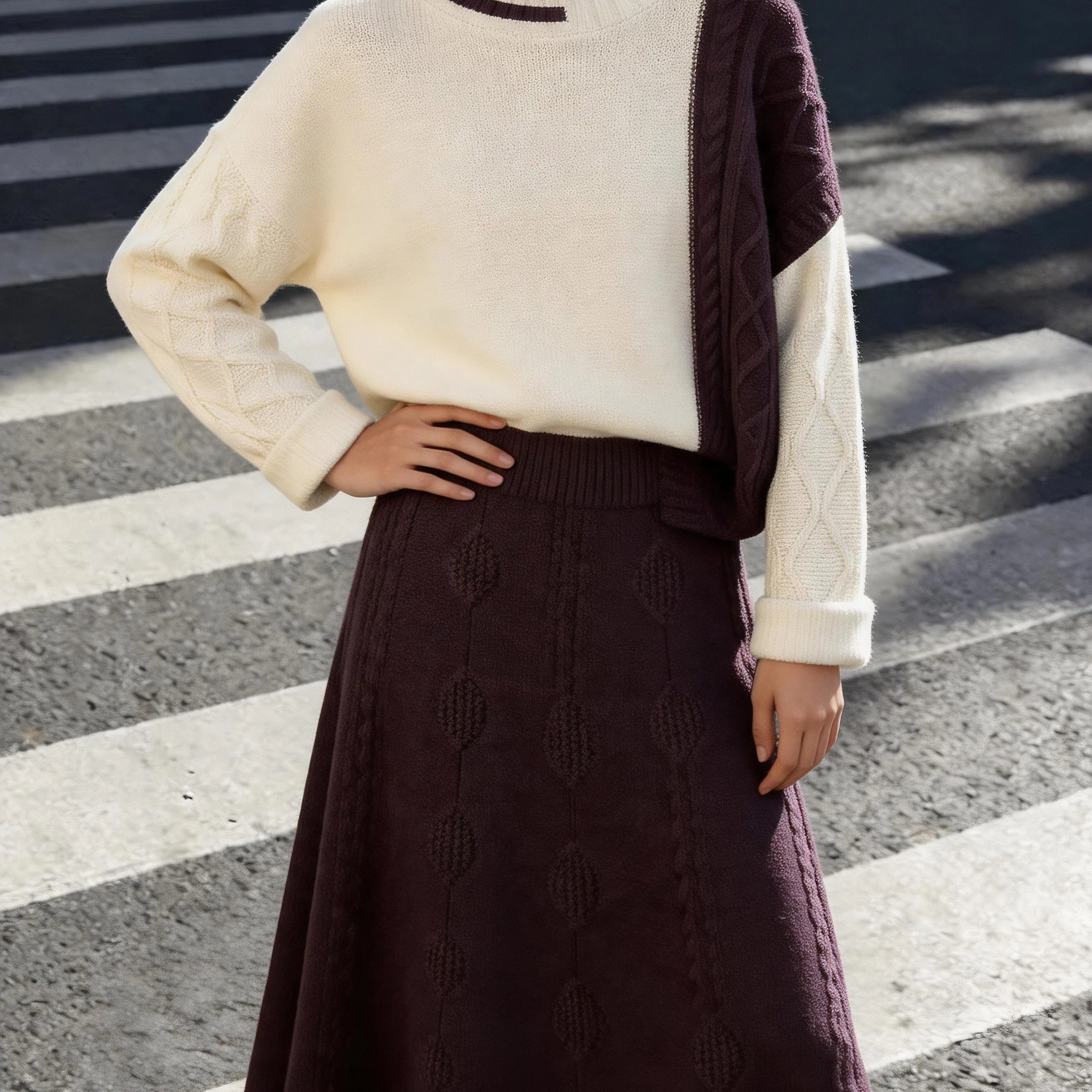 Women's Color Block Turtleneck Sweater & A Line Midi Skirt Set