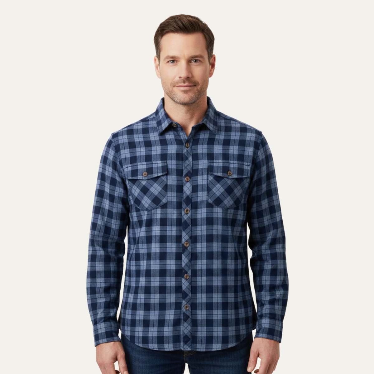 The Foxwood Ridge Men’s Plaid Denim Shirt with Chest Pockets