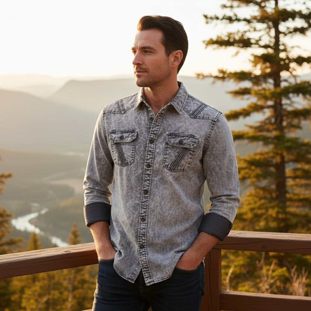 The Windcrest Men’s Casual Button-Up Vintage Denim Shirt