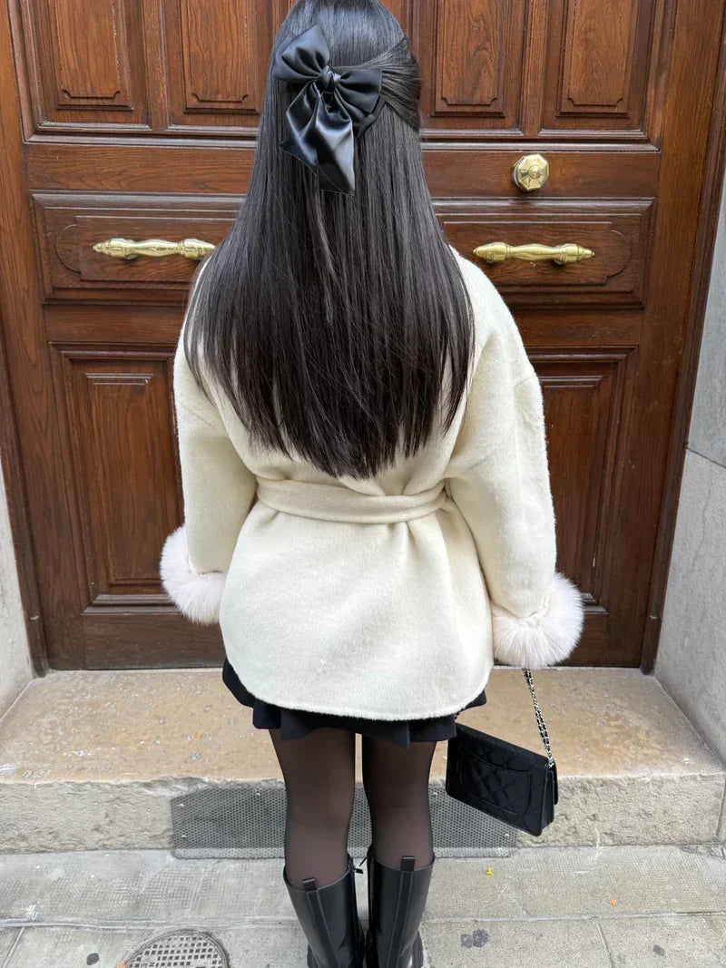 Women's Fur Cuff Wrap Coat – Elegant Belted Poncho Winter Jacket
