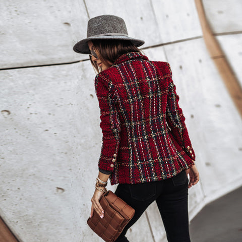 Women's Checked Tweed Jacket with Gold Trim
