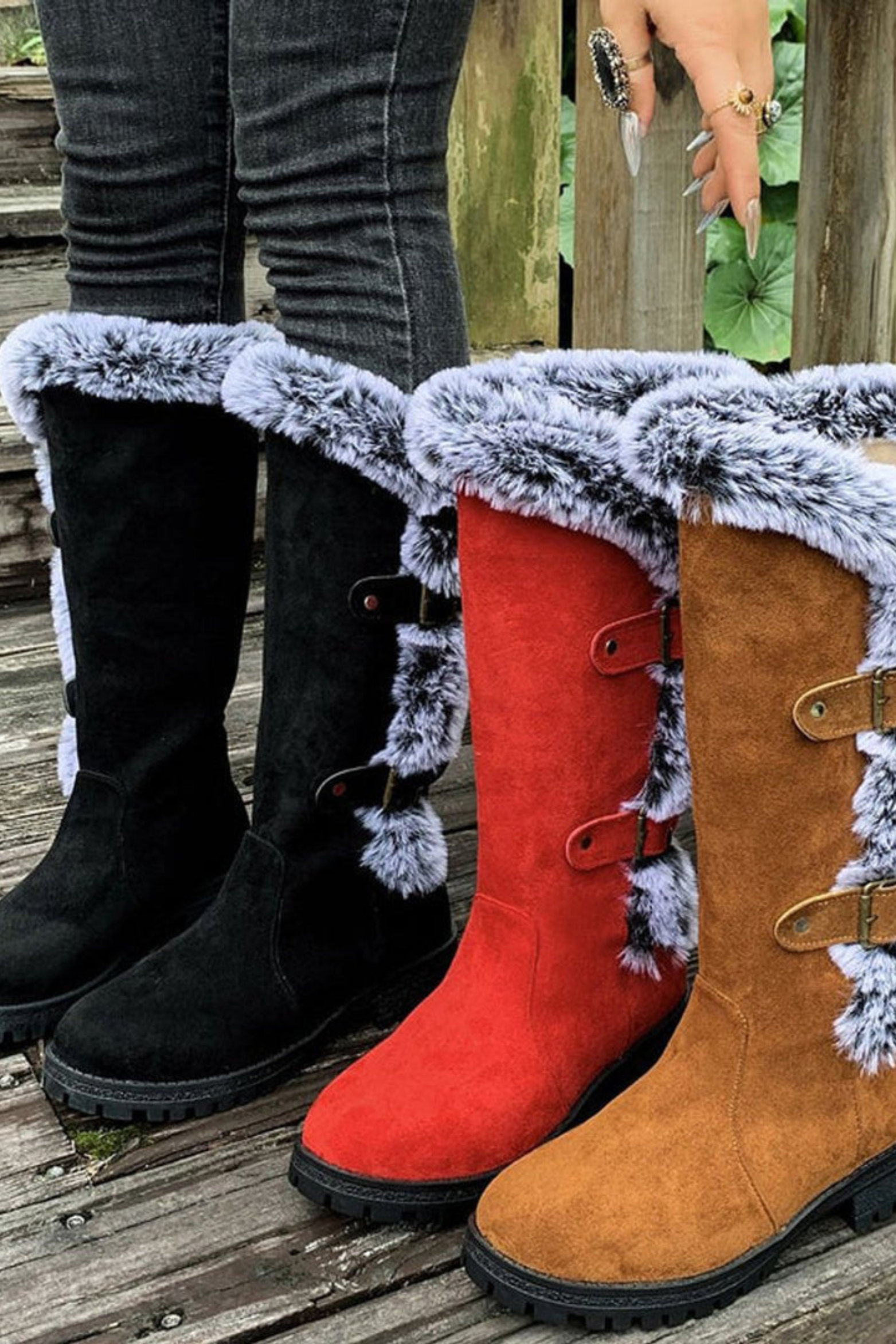 Women’s Faux Suede Winter Boots – Fur Lined Buckle Knee High Boots
