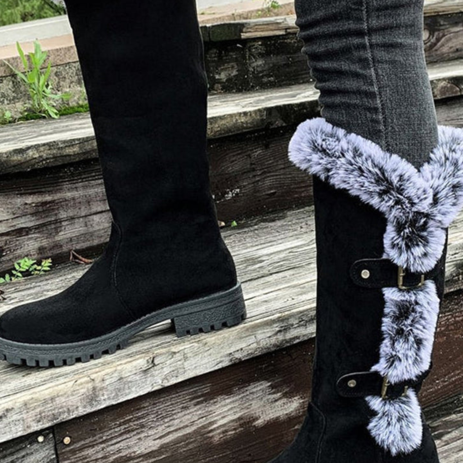 Women’s Faux Suede Winter Boots – Fur Lined Buckle Knee High Boots