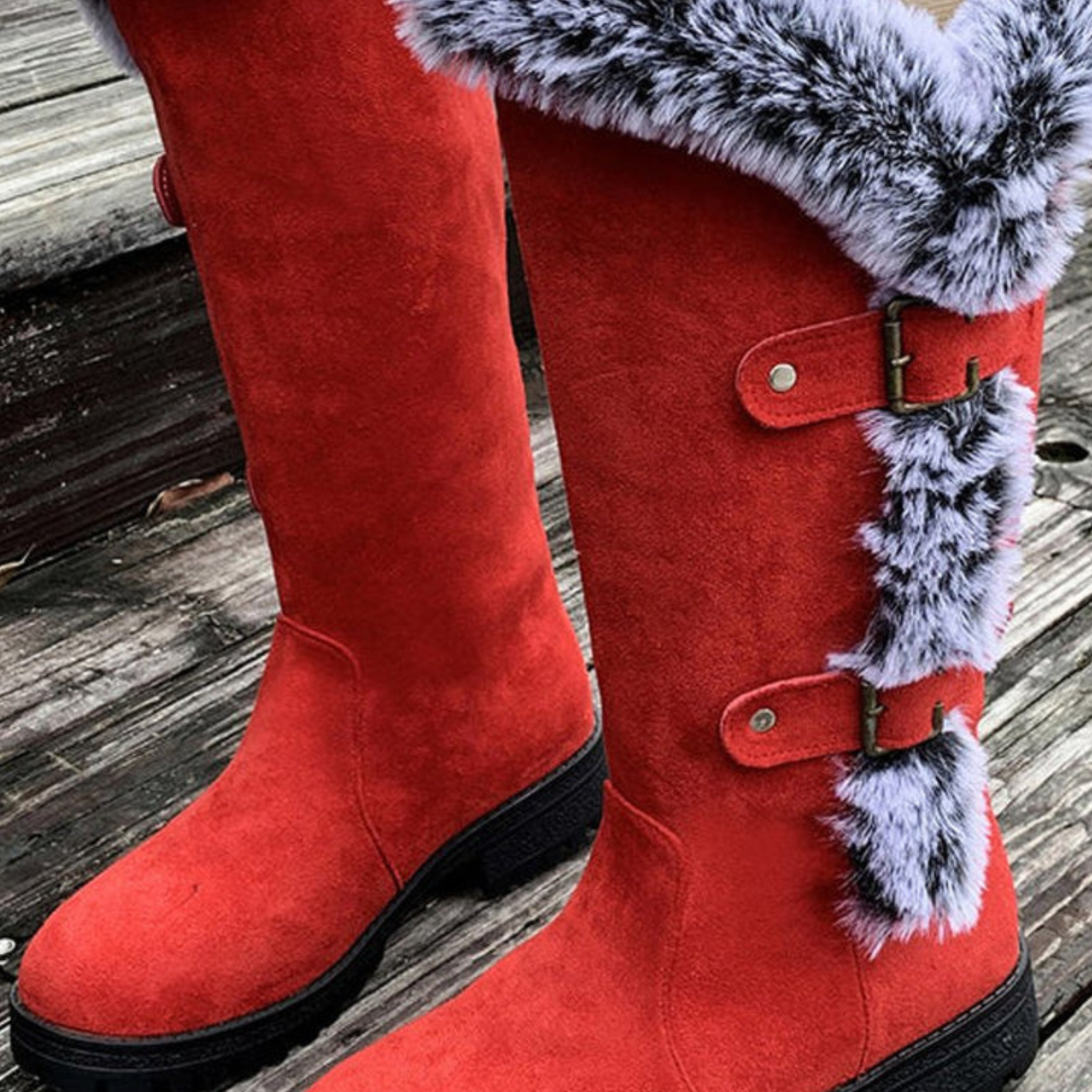 Women’s Faux Suede Winter Boots – Fur Lined Buckle Knee High Boots